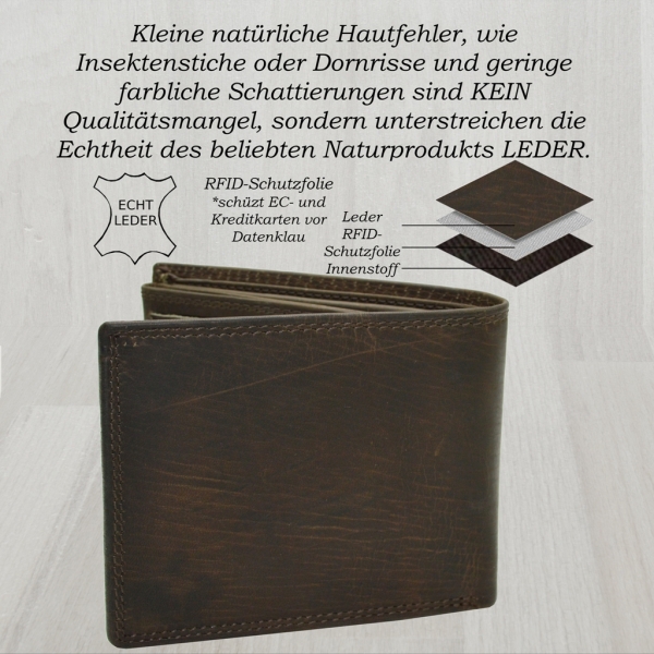 flevado Adler Gelbörse Herren Portemonnaie Büffelleder Bikerbörse mit RFID Schutz Braun